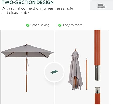 Outsunny 2m x 1.5m Patio Parasol Garden Umbrellas Sun Umbrella Bamboo Sunshade Canopy Outdoor Backyard Furniture Fir Wooden Pole 6 Ribs Tilt Mechanism