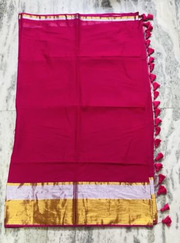Image of Women's Mul Cotton Saree with Tassels | Soft Mulmul Saree | Woven Stripes & Zari Line | 5.5 Metres - Without Blouse