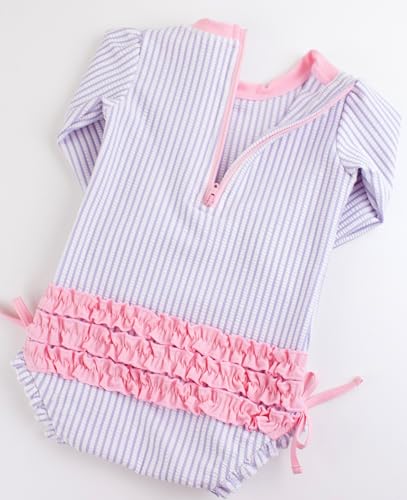 Image of RuffleButts Baby-Girls Seersucker Long Sleeve Rash Guard - One Piece Swimsuit UPF 50+ Toddler