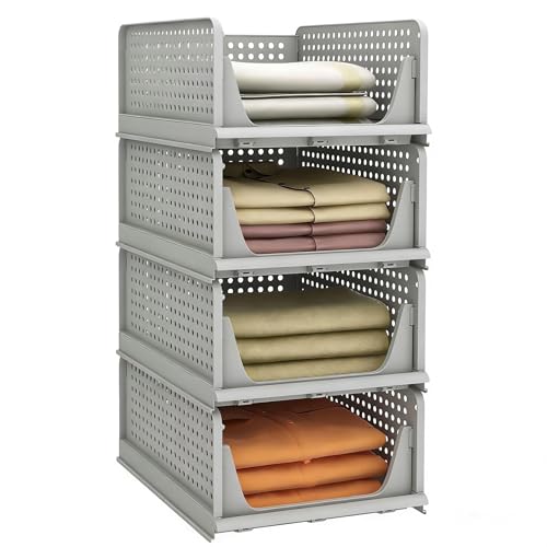 4 Pcs Organizador Armario, Cajones Extraibles Apilables y Plegables para Armarios, Cajas Almacenaje Ropa de Plastico,Separadores para Ropa Cocina Dormitorio Baño - 33 x 43 x 18 cm, Gris Oscuro