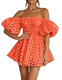 PRETTYGARDEN Women's Off The Shoulder Babydoll Dress Short Puff Sleeve Casual A Line Ruffle Summer Dresses (Plaid Orange,Small)