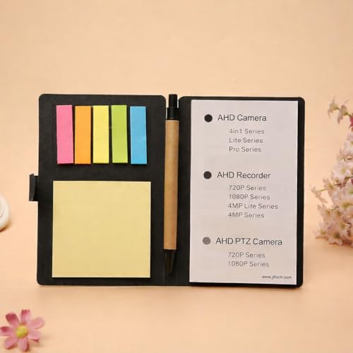 Image of AccuPrints Compact Sticky Notes Organizer with Pen Holder Black Paper Cover Colorful Sticky Tabs Button Closure 15.3x10cm