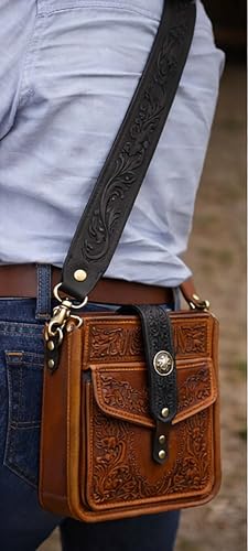Image of CHALLENGER Western Floral Tooled Leather Replacement Shoulder Purse Guitar Cross Body Strap 115RS-Straps