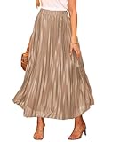 EARKOHA Women Pleated Maxi Skirt Metallic Accordion Shiny Elastic High Waist A Line Fall Party Long Flowy Skirts Champagne S