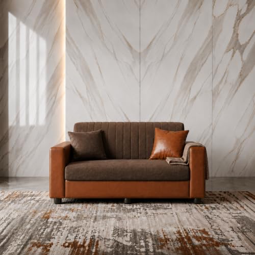 Image of Double Tone 2 Seater Sofa Couch, Upholstered Fabric & Faux Leather Sofa with Channeled Backrest, Living Room with Solid Wood Frame & Pillows, 134 cm (53 inch) Brown and Tan
