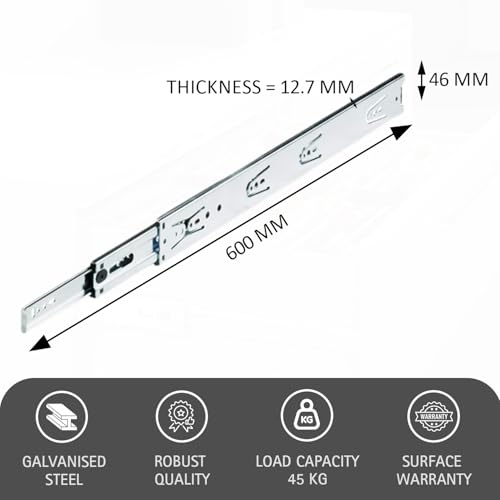 Image of Hettich Telescopic Ball Bearing Channel KA 5632 /600mm | Zinc Finish, Normal Closing | Drawer Channel for Home, Kitchen & Wardrobe | Load Capacity 45 kg | Full Extension (Galvanised Steel, 2 Pcs)