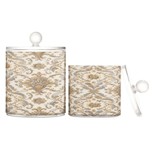 Amooorous Organizador de alimentos de plástico transparente retro europeo con patrón dorado con tapa, despensa, esenciales, cubo de almacenamiento decorativo para hisopos de algodón, almohadillas de