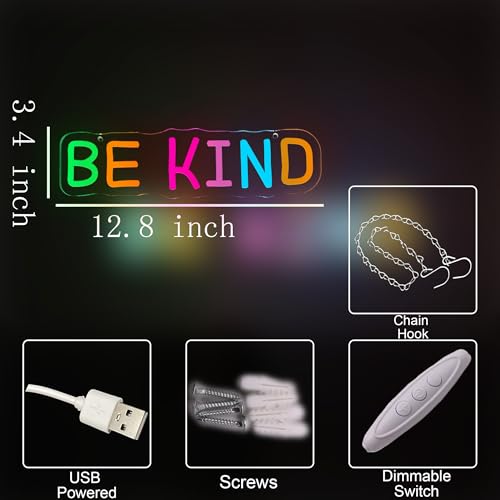 Image of Be Kind Neon Sign for Wall Decor, Letters Rainbow Led Neon Sign for Kids, Students,Women and Teacher, USB Dimmable Nursery Neon Lights for Classroom, Club,Party, Office Decoration