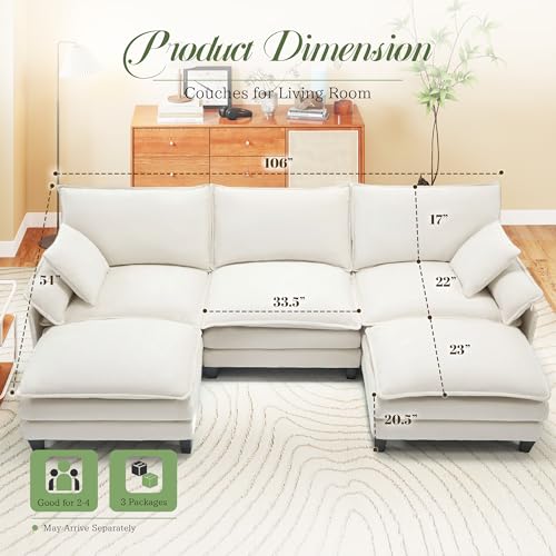 Image of Modular Sectional Sofa, Comfy Cloud Couch with Movable Ottoman, Deep Seat Couches for Living Room, Bedroom and Apartment, 106 inch U Shaped Modern Sofa with Pillows, Beige
