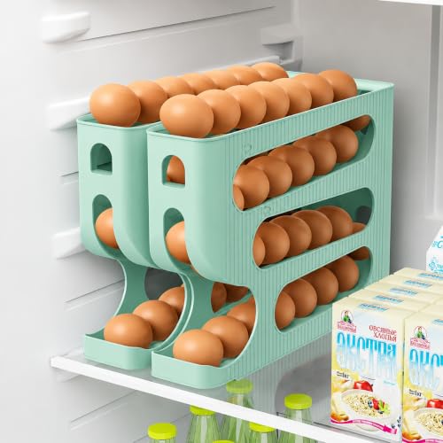 Image of 30 Eggs Tray Storage Box Baskets Holder Dispenser Refrigerator Space-saving Stackable Plastic Automatic Roller Organizer Storage Containers For Kitchen Tools Items (Mint Green)