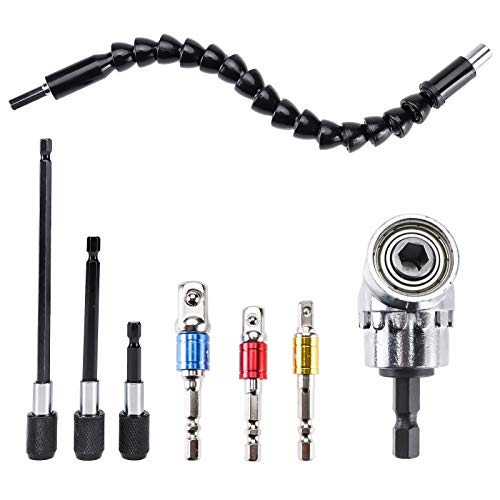 Tysun Flexible Drill Bit Extension Set, Bendable Drill Bit Extension + 105° Right Angle Drill Adapter + 3 Pcs 1/4" 3/8" 1/2" Universal Socket Adapter + 3 Pcs 1/4 Hex Shank Drill Bit Holder #TOP6