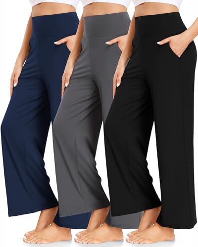 FULLSOFT 3 Pack Women's Wide Leg Yoga Pants Comfy Loose Sweatpants High Waisted Lounge Casual Workout Joggers Pants with Pockets(Black,Grey,Navy Blue,XX-Large)