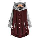 Warmhalten Damen süßer Katze Ohren Fleece Jacke Langarm Casual Plüsch Oversize Mantel Sweatshirts mit Kapuze (Rot, 50)