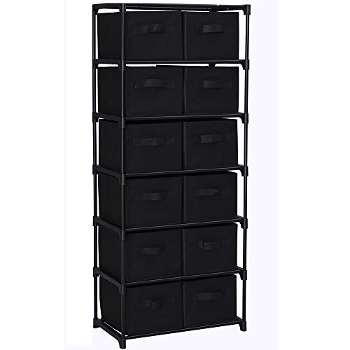 Function Home 12-Drawer Chest, 6 Tier Storage Organizer Tower, Metal Shelf with 12 Removable Fabric Bins, Ideal for Home Office Dorm Bedroom, Black