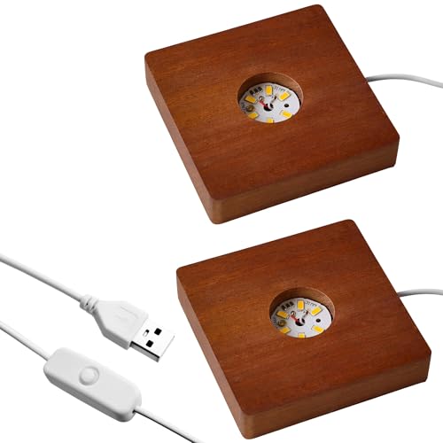 Image of 2Pcs Wooden LED Light Base Display Lighted Base for Crystals - Brown Square Wood Display Lighted Bases Pedestal Stand for Room Office Home Decor