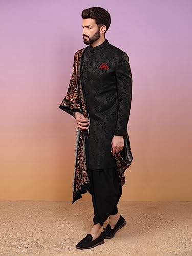 Image of KISAH Indowestern Men's Casual Style Ethnic Wear Silk Blend Woven Design Regular Fit Black Indo-Western Sherwani Set Indo-Western