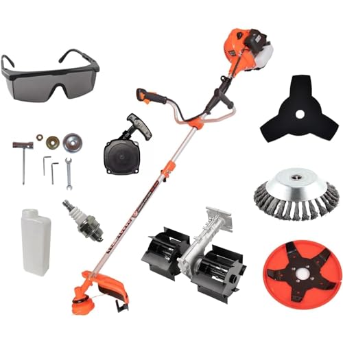 Desbrozadora con Motor Gasolina 2 Tiempos, 65cc 3,0cv, Accesorios de Corte, Manillar de Agarre Doble, Regulador Potencia, Arnés Seguridad, Herramienta Profesional, Sistema Easy-Start