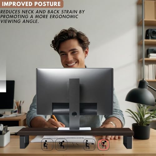 Image of flux Monitor Stand Wooden | Monitor Stand Riser | PC Stand For Desktop Table | Non Slip, Material: Particle Board & Metal Black