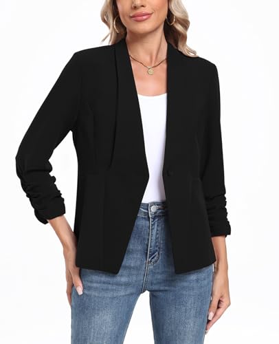MINTLIMIT Womens Blazer 3/4 Rcuhed Sleeve Button Lightweight Collarless Blazer Business Work Office Jacket Blazers