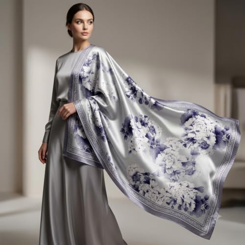 Image of Women's Floral Printed Silk Scarf | Premium Soft Lightweight Stole & Shawl | Fashion Neck Wrap for Wedding, Evening, Travel & Daily Wear | 180 x 90 cm