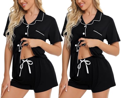 Image of SWOMOG Womens Button Down Pajamas Set Short Sleeve Sleepwear Bride Soft Pj Lounge Sets XS-3XL Black + Black Large