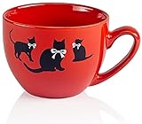 Faszination Wohnen Große Tasse XXL Porzellan 600 ml Jumbotasse bunt Jumbobecher Rot Kaffeebecher Kaffeetasse Suppentasse Katzen im Geschenkkarton