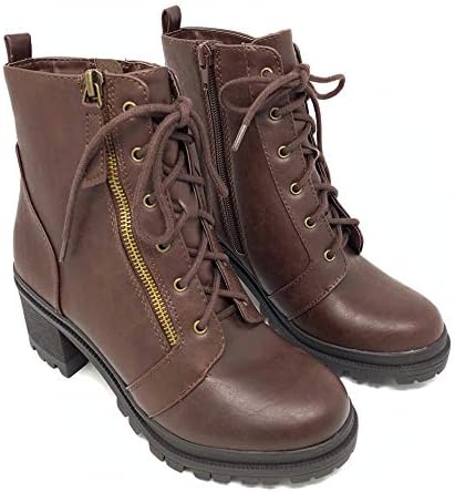 Soda Indiana Women's Faux Leather Lace Up High Chunky Heel Ankle Booties,Brown Pu,7.5 | Image 1