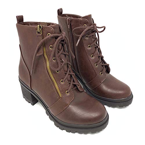 Soda Indiana Women's Faux Leather Lace Up High Chunky Heel Ankle Booties,Brown Pu,6.5 #TOP1