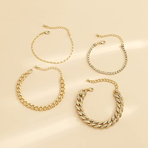 Kercisbeauty 4pcs Tennis Miami Cuban Link Chain Bracelet Set for Women Rhinestones Chain Bracelet Party Boho Dainty Jewelry (Gold)4