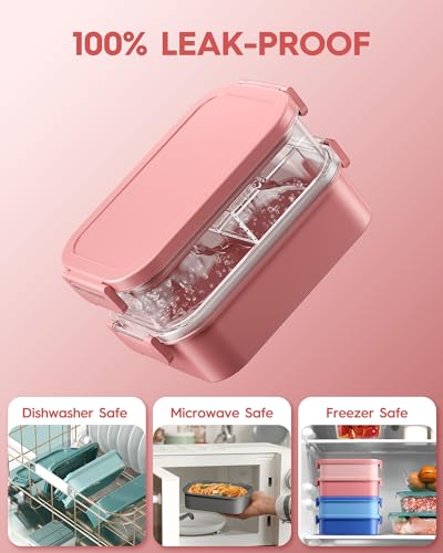 Image of KEMETHY Stainless Steel Lunch Box, 3 Compartment, Insulated, Airtight, Leak Proof, BPA Free (Pink)