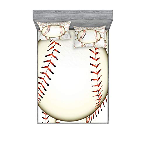 Ambesonne Baseball Fitted Sheet & Pillow Sham Set, Pattern of Baseball Balls Background Home Run Rules of The Game Success Score Print, Decorative Printed 3 Piece Bedding Decor Set, Calking, Cream Red