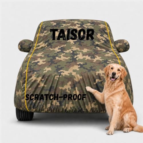 Image of Waterproof Car Cover for Taisor | Soft Cotton Lining Heavy Duty Triple Stitched Heat Resistant Outdoor Cover Comes with Mirror and Antenna Pocket Full Bottom Elastic (Zig Zag Jungle)