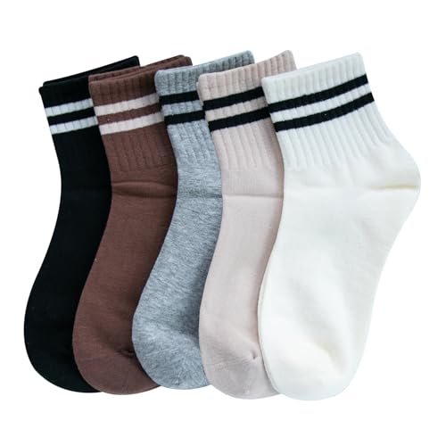 Image of Deeorla Womens Striped Crew Socks Brown Vintage Retro Athletic Socks 5 Pairs