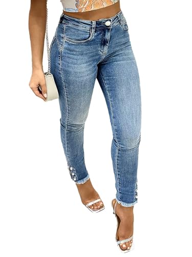 Flamingals Women's Button Side Raw Hem High Waist Skinny Jeans