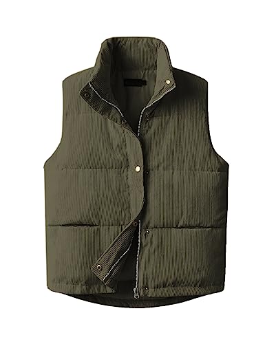 Fhniepan Womens Corduroy Puffer Vest Stand Collar Zip Snap Button Sleeveless Warm Waistcoat Padded Gilet(Army-green,M)