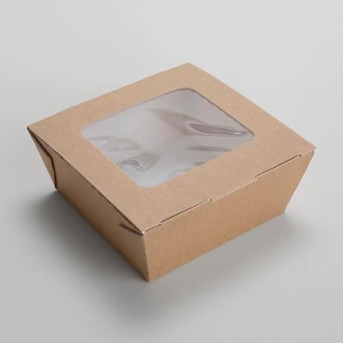 Foglish Home & Garden 750ml Food Takeaway Box with Window, Kraft Paper Deli Containers for Stir Fry Meals and Salads, 12.5x12.5x6cm (50)