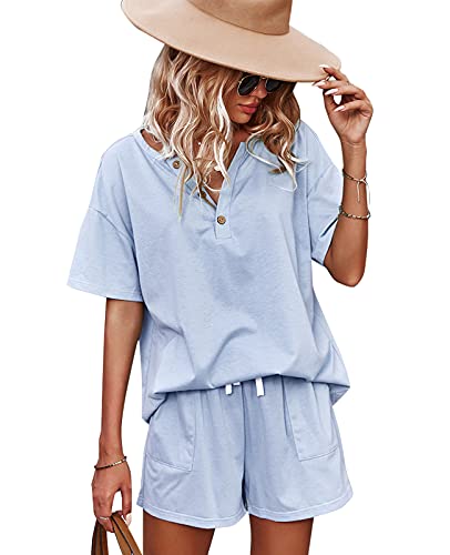 CORSKI Women's Two Piece Outfit Short Sleeve Pullover With Drawstring Shorts Pants Tracksuit Jogger Set with Pockets Baby Blue XL