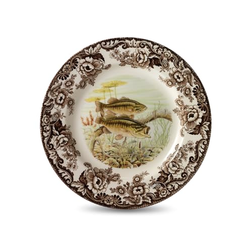 Spode Woodland Bass Dinner Plate - British Wildlife Fish Design with Traditional Floral Border, 10.5 Spode Woodland Bass Dinner Plate - British Wildlife Fish Design with Traditional Floral Border, 10.5