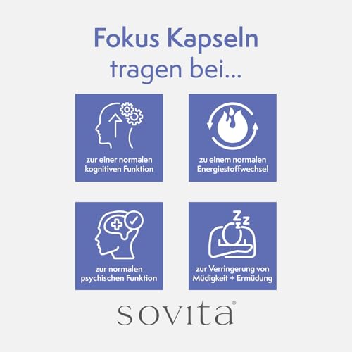 sovita Fokus Kapseln | Mit Koffein & Vitamin B12 für Konzentration & mentale Leistung | L-Tyrosin, Acetyl-L-Carnitin & L-Theanin aus grünem Tee | Zink für die kognitive Funktion | Vegan | 60 Kapseln