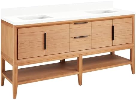 Signature Hardware 955226-72-rumb Aliso 72" Console Teak Double Basin Vanity Set with Cabinet, Vanity Top, and Rectangular Undermount Sinks - No Faucet Holes - Natural Teak/Arctic White
