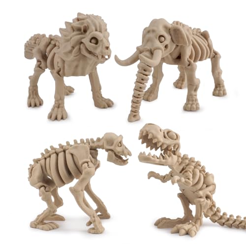 Outgoto 4-Pack Dinosaur & Prehistoric Animal Skeleton Toy Kit – Includes T-Rex, Mammoth, Lion & Gorilla – Poseable Jurassic Themed Decor STEM Figures, Collectible Fossil Models