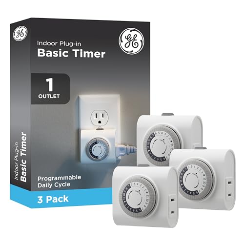 GE 24‑Hour Mechanical Outlet Timer Switch, Single Polarized Plug‑In Control for Indoor Lighting, Lamps, Christmas Trees and Seasonal Decor (3 Pack), 44801