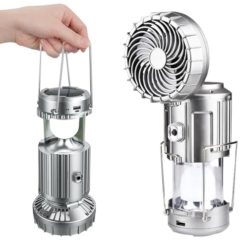 Portable LED Camping Lantern with Fan, New Upgraded Multifunctional Solar Camping Lantern Rechargeable Solar Fan, Tent Camping Fan Hanging with Light (StyleA-Gray)