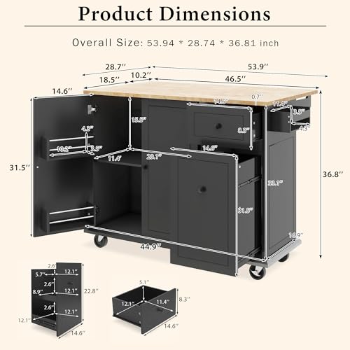 Kitchen-Island-with-Drop-Leaf-Storage-Rack-539-Width-Rolling-Kitchen-Cart-on-Wheels-WInternal-Storage-Rack-and-3-Tier-Pull-Out-CabinetSpice-Rack-for-Dining-RoomHome-BarBlack Kitchen Island with Drop Leaf Storage Rack 539 Width Rolling Kitchen Cart on Wheels WInternal Storage Rack and 3 Tier Pull Out CabinetSpice Rack for Dining RoomHome BarBlack