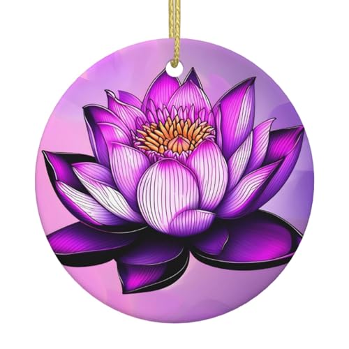 Adorno de cerámica para árbol de Navidad con estampado de loto morado, decoración navideña, colgante único para fiesta de Navidad