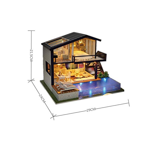 YUACY Puppen Haus Kit,Mini Puppenhaus Modellhaus Poolside Möbel Kit, DIY Modell mit zusätzlicher LED-Lampe – Bild 7