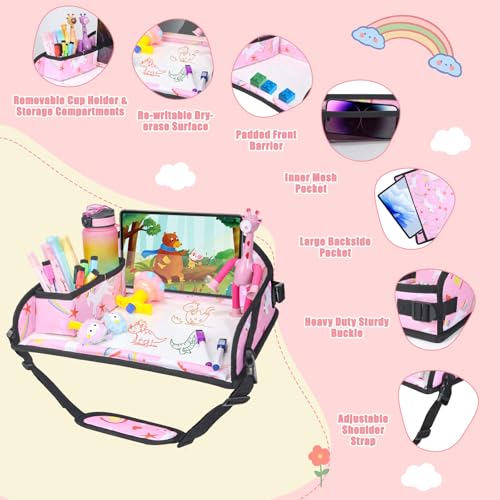 Image of Kids Travel Tray for Car Airplane - Car Seat Tray for Kids Travel, Toddler Carseat Lap Table, Road Trip Essentials, Lap Desk for Kid Roadtrip Activities, Pink Unicorn
