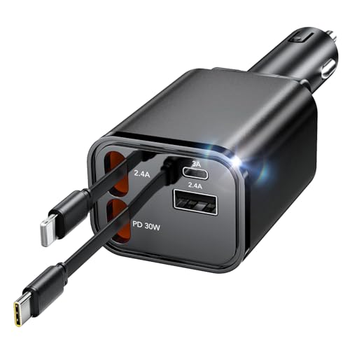 Aimtel Retrattile Caricabatterie Auto,Caricatore Auto USB Cavi di Ricarica Veloce (2.6Ft) e 2 porte...