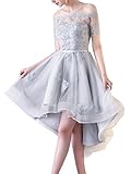 Scarisee Women's Off-Shoulder High Low Prom Dresses Lace Appliques Short Sleeves Homecoming Cocktail Party Gowns Silver Custom