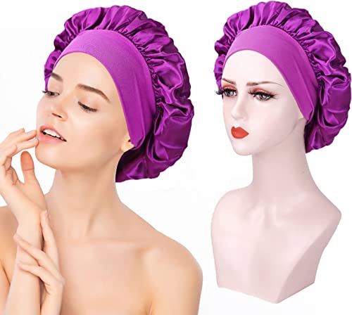 Image of Satin Bonnet Sleep Cap with Wide Elastic Band Silk Wrap Soft Headwear Sleep Cap for Women Girls Curly Hair